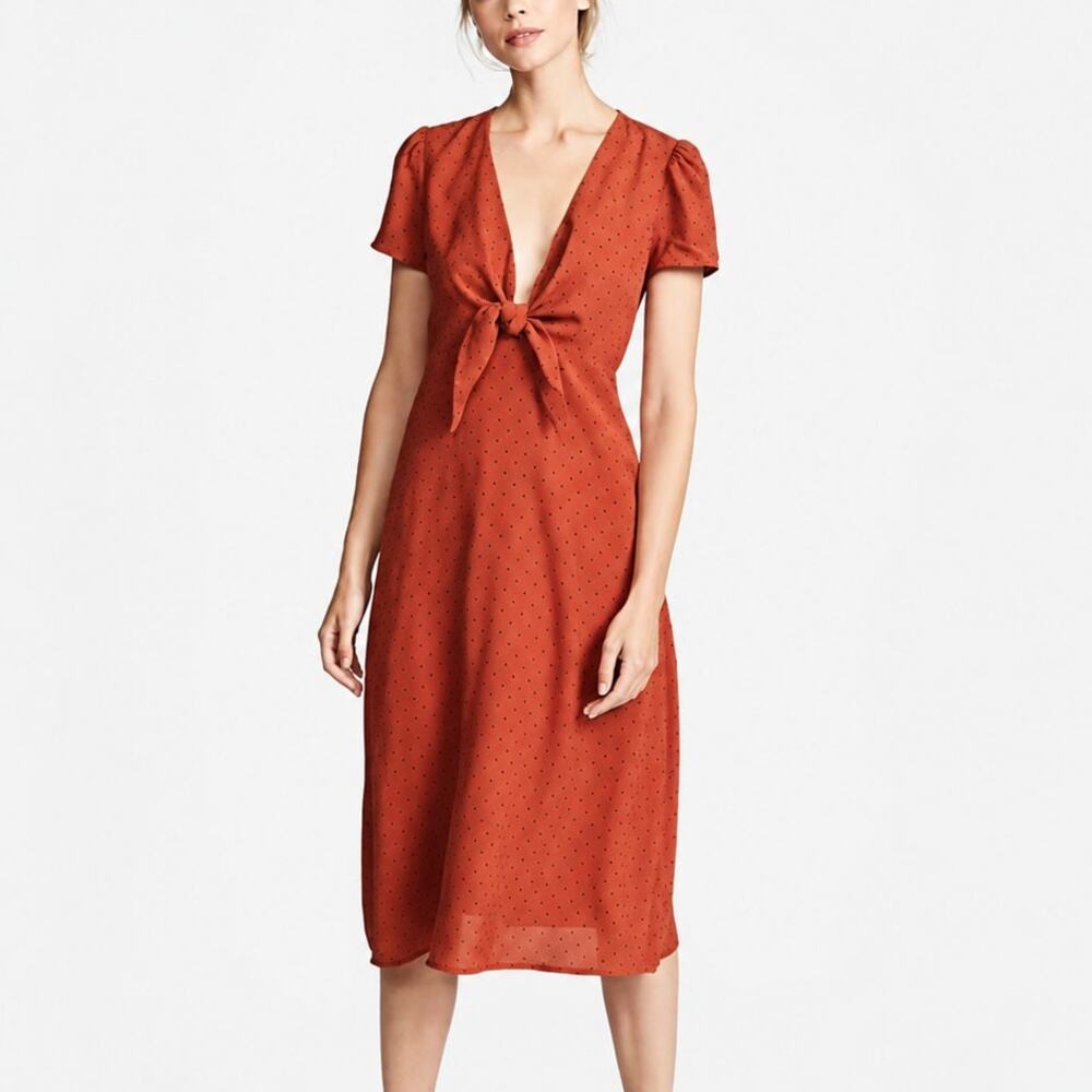 Re:named Polka Dot Pattern Twist V-Neck Casual Midi Dress Orange M